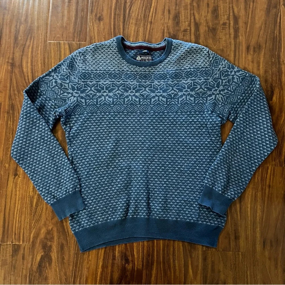 American Rag Mens Fair Isle Long Sleeve Crewneck Blue Sweater size large